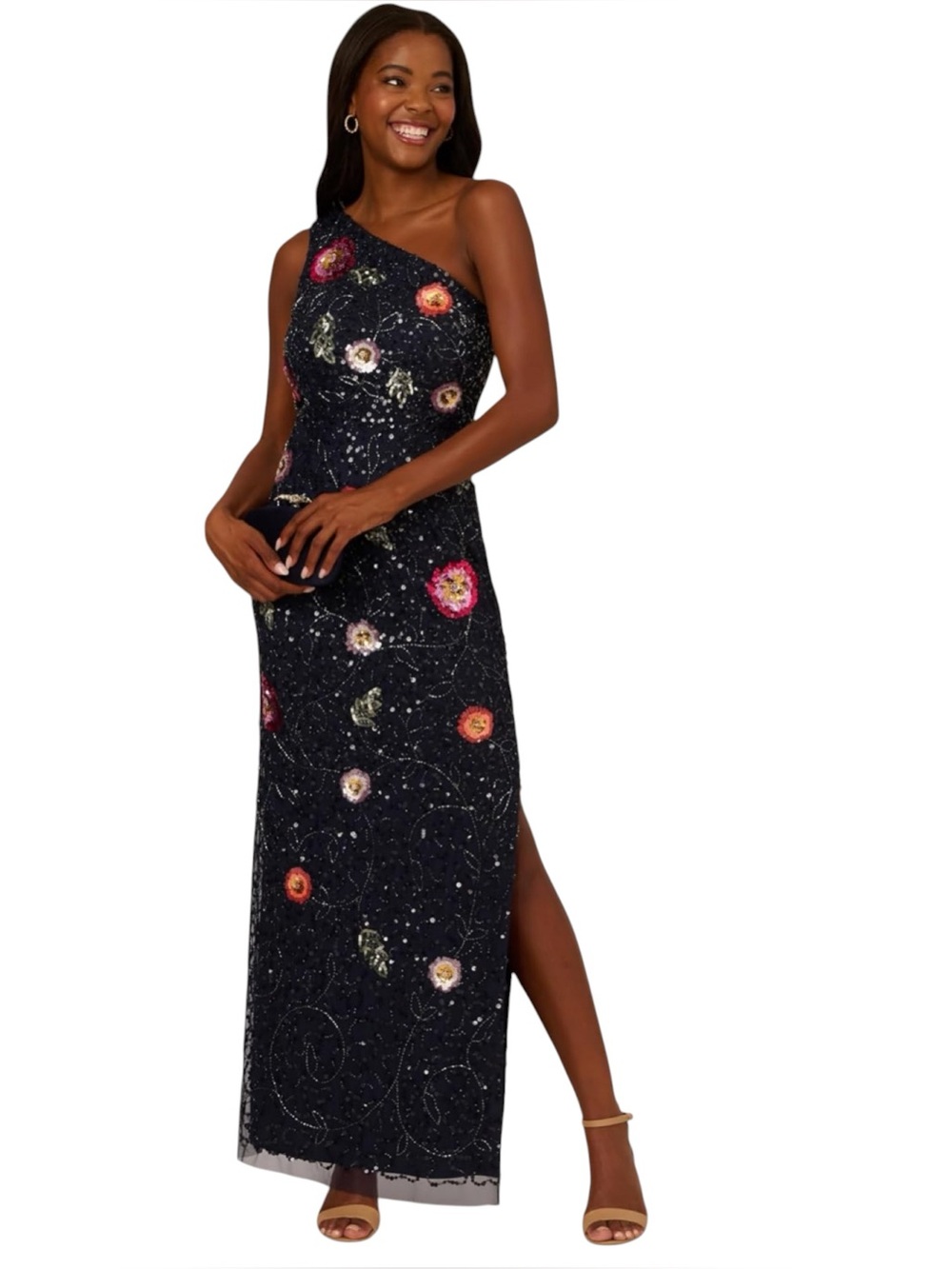 NWT Adrianna Papell Navy One Shoulder Beaded Floral Dress Dress Size 14